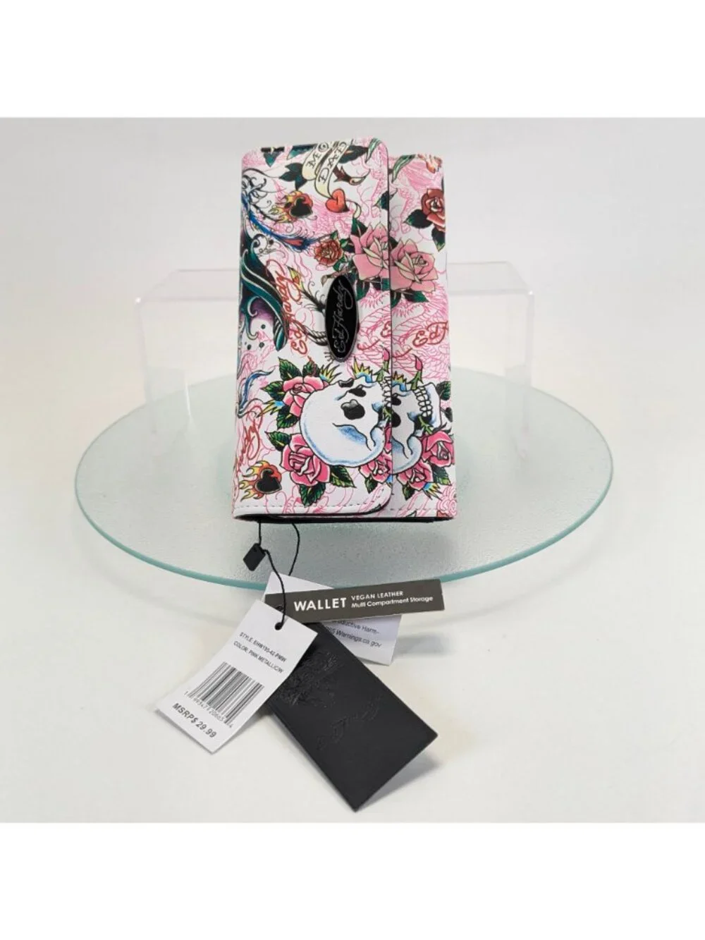 Ed Hardy Wallet Trifold Pink Multicolor Skull Tattoo Y2K Collectible NWT - Picture 4 of 6
